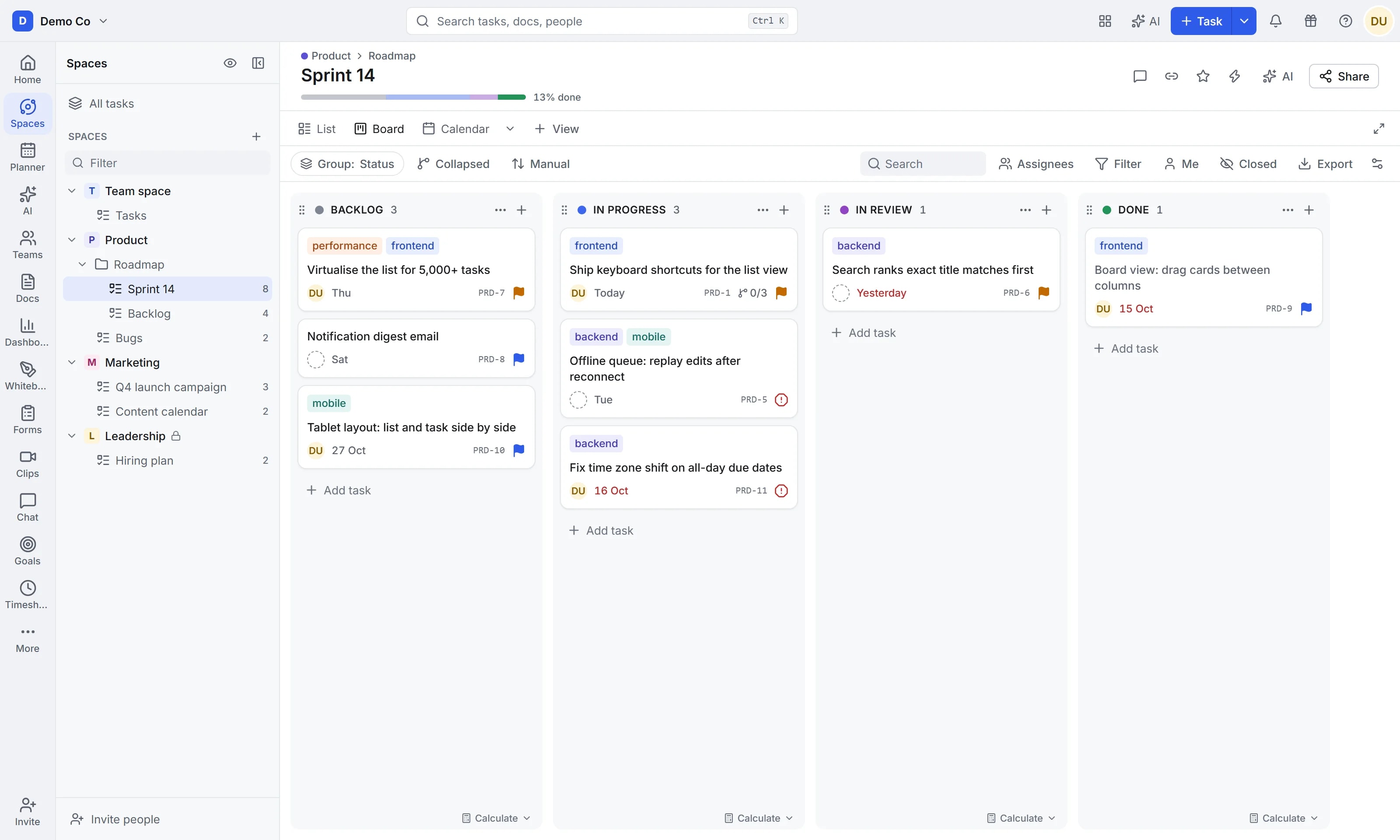 Talqivo board view with tasks in four status columns.