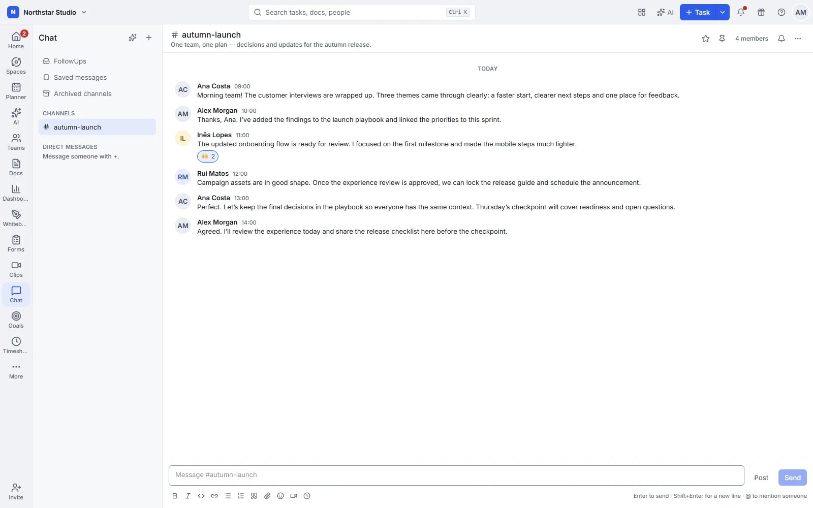 Talqivo team channel with launch updates, messages from colleagues and an emoji reaction.