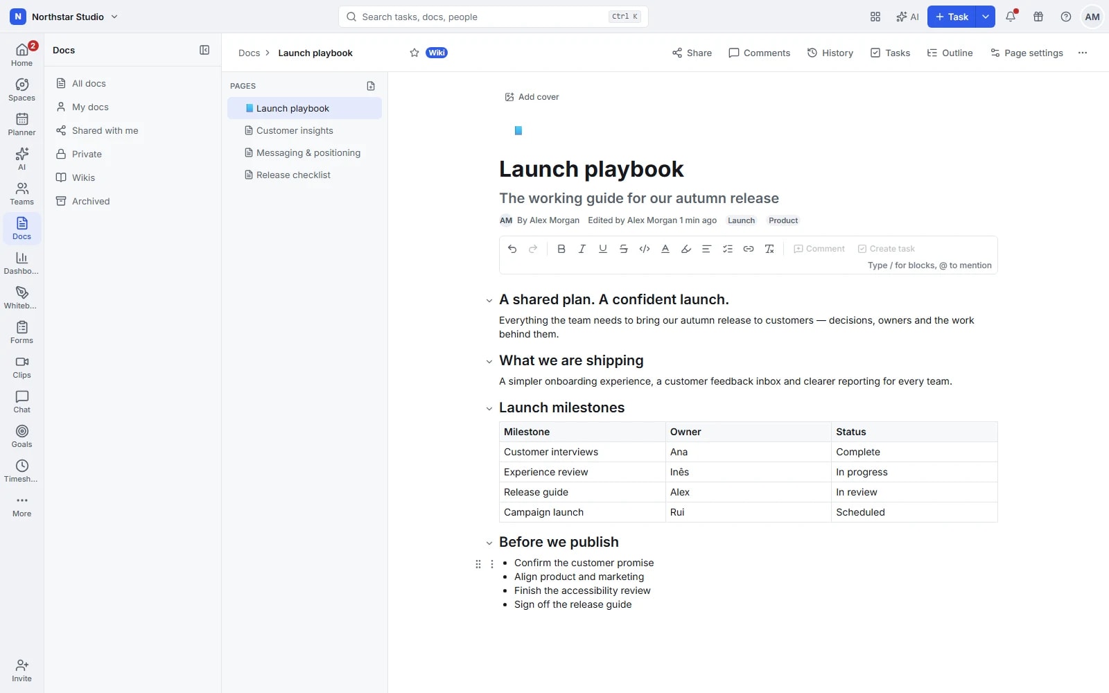 Talqivo document editor showing a launch playbook, a page list, a milestones table and a preparation checklist.
