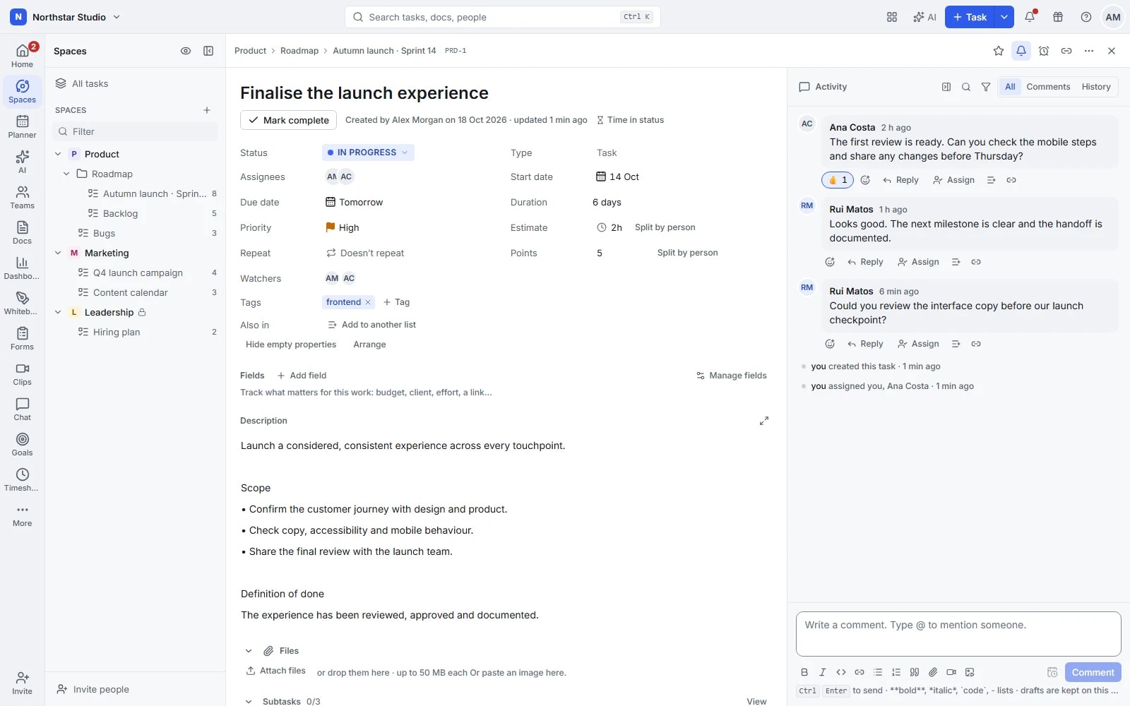 Talqivo task detail with status, dates, description and comments