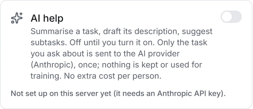 Talqivo AI help card with assistance switched off and a note that a provider key is required