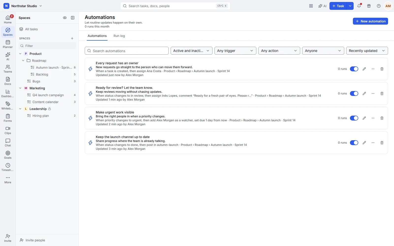 Talqivo automation rules with triggers, actions and activation controls
