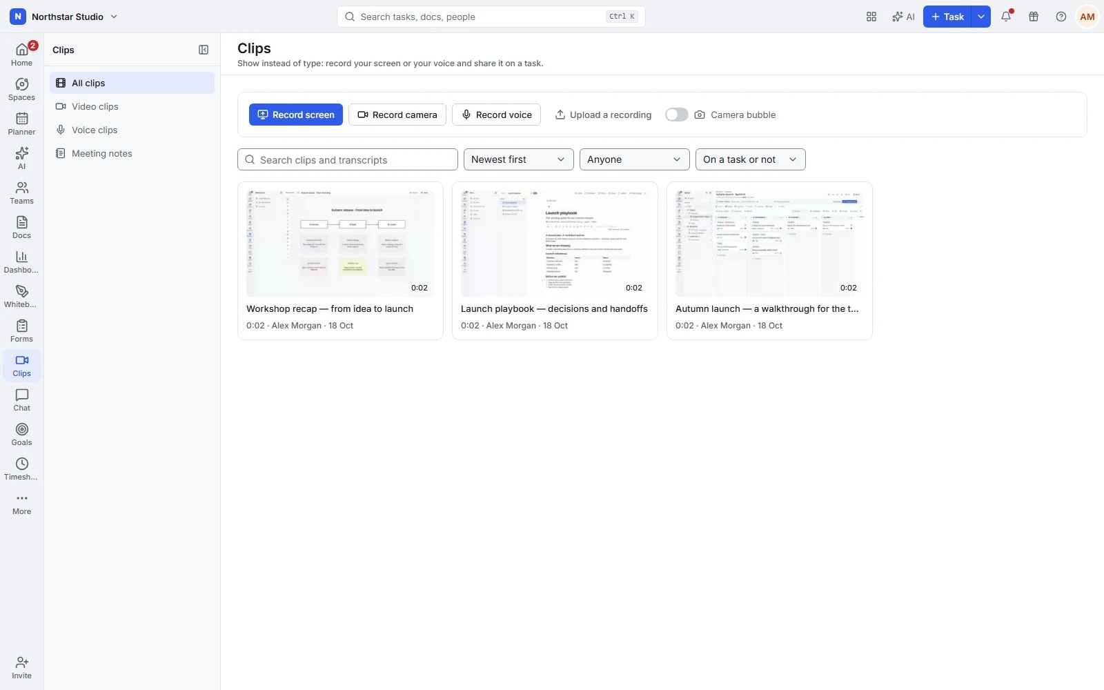 Talqivo clip library with three project walkthrough recordings, thumbnail previews and search filters.