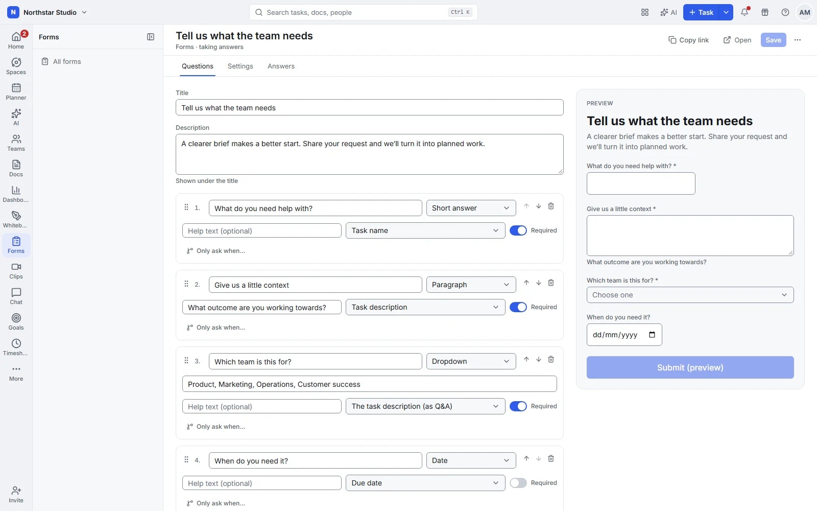 Talqivo form builder with request questions, task field mapping and a preview