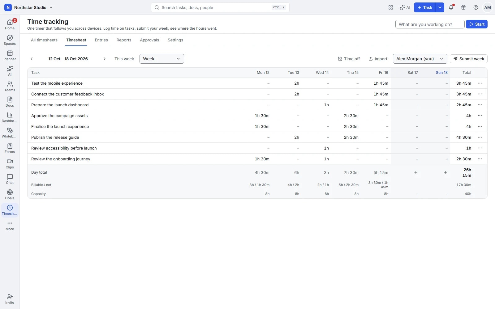 Talqivo timesheet with task entries, recorded hours and a weekly total