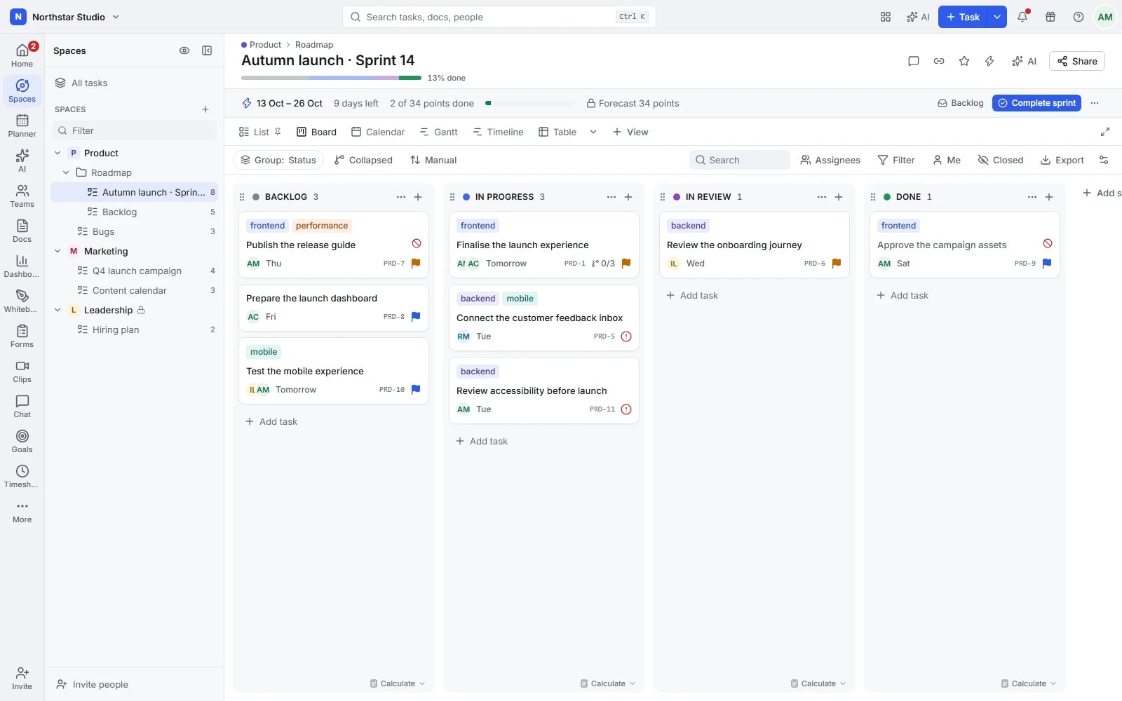 Talqivo board with project tasks grouped by status