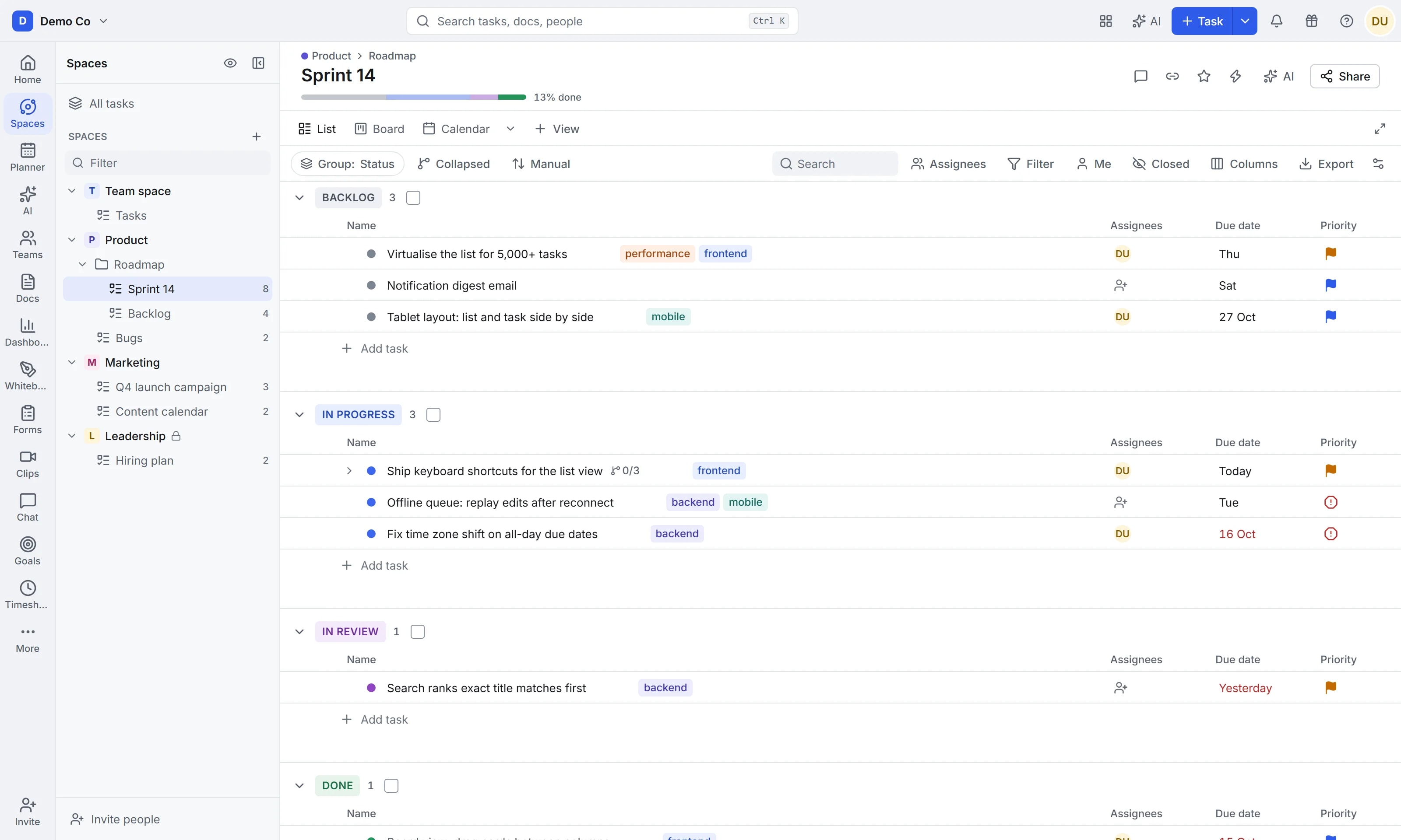 Talqivo list view grouped by status, with tags, assignees, due dates and priorities.